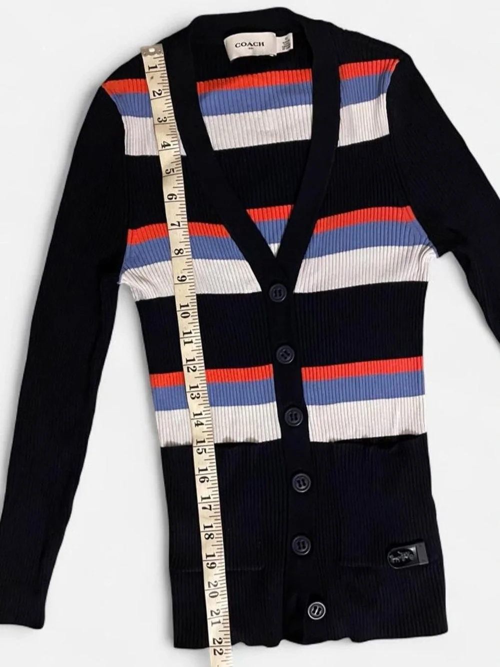 Coach Navy Striped Button-Up V-Neck Cardigan with Red, Blue & White Stripes